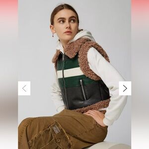 Urban Outfitters Donald Moto Vest in Green, White, and Black, Brown Shearling